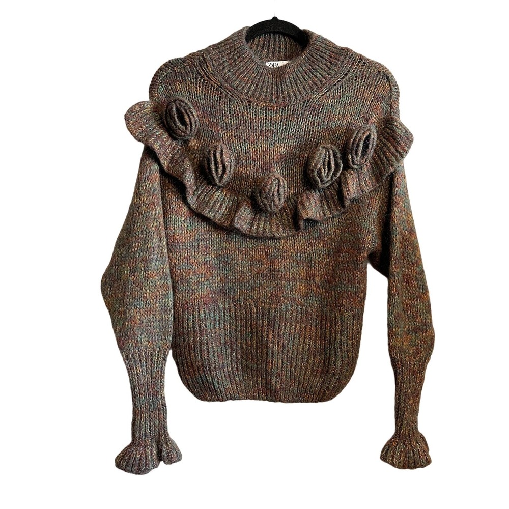 Zara Rose Appliqué Ruffle Detail Multi-Color Knit  Mohair Blend Sweater Size S - Picture 3 of 10